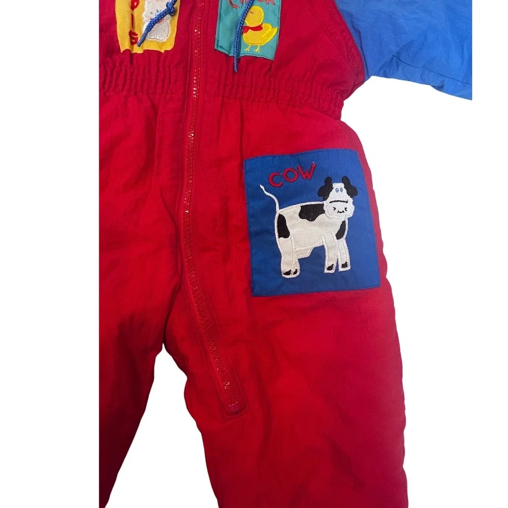 Casual Time Vintage Baby Snowsuit Red Blue Farm Animal Bunting 12 Months Hooded